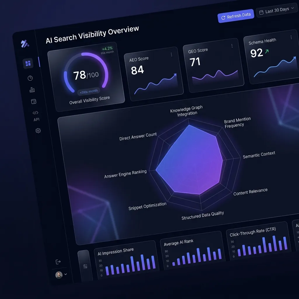 VisibilityPulse AI visibility score dashboard — AEO and GEO audit results showing 10 AI signals